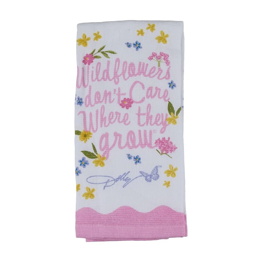DOLLY PARTON Floral Towels X2 'Wild Flowers Don't Care Where They Grow' Pink